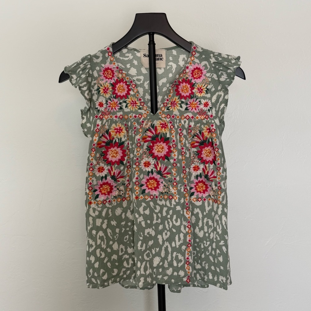 Savannah Jane Sage Green Embroidered Boho Blouse | Floral Top | Size S